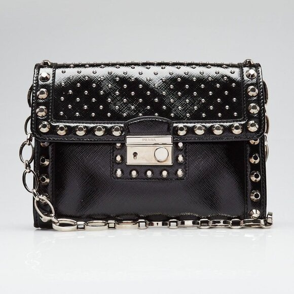 Prada Black Vernice Leather Studded Crossbody Bag - Picture 2 of 12